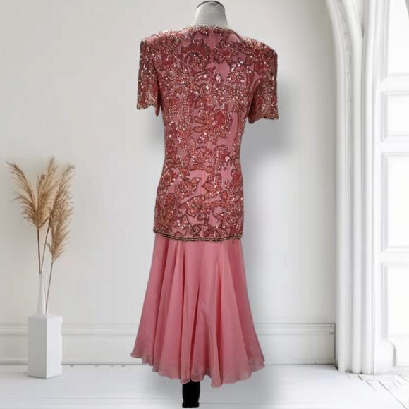 Vintage Lillie Rubin Sequin Silk Cocktail Dress Size 8 Pink Drop Waist Fit Flare - Picture 4 of 16